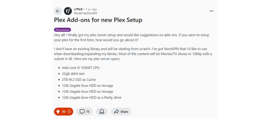 A Reddit user completed the Plex server setup with the mentioned specs.